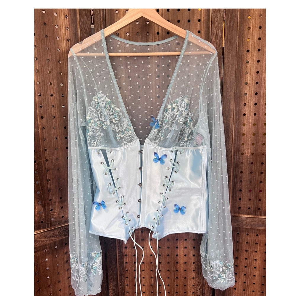 Empress Mimi Madame X Blue Corset Women's XL Sheer Sleeves Butterflies